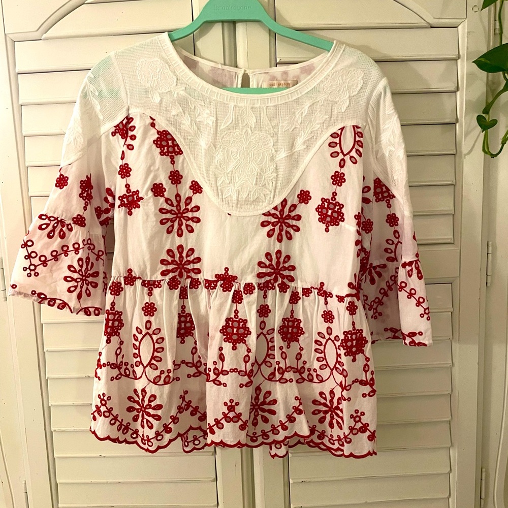 Skies Are Blue Red White Embroidered Top Small